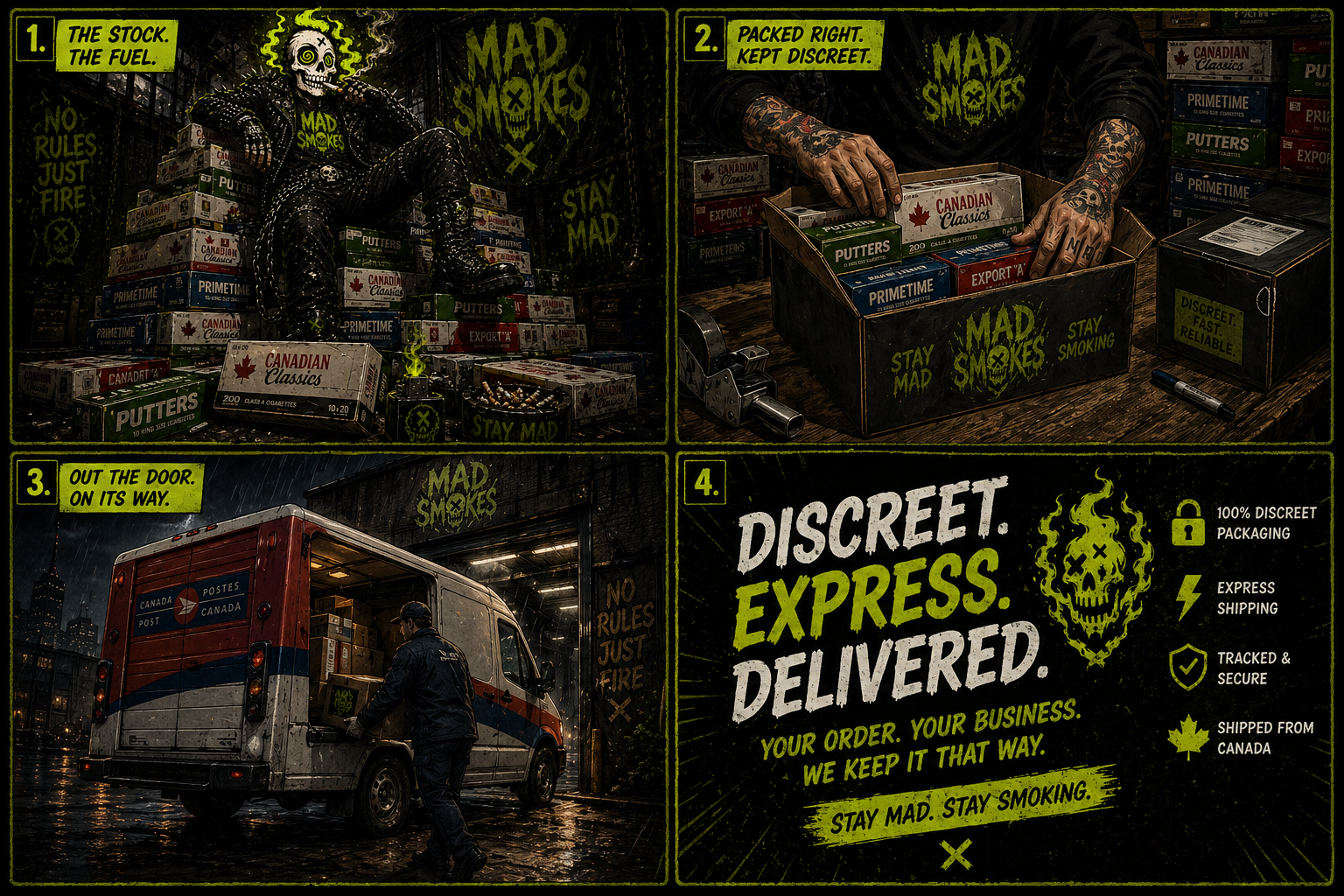 Mad Smokes comic strip — stocked, packed, shipped, delivered